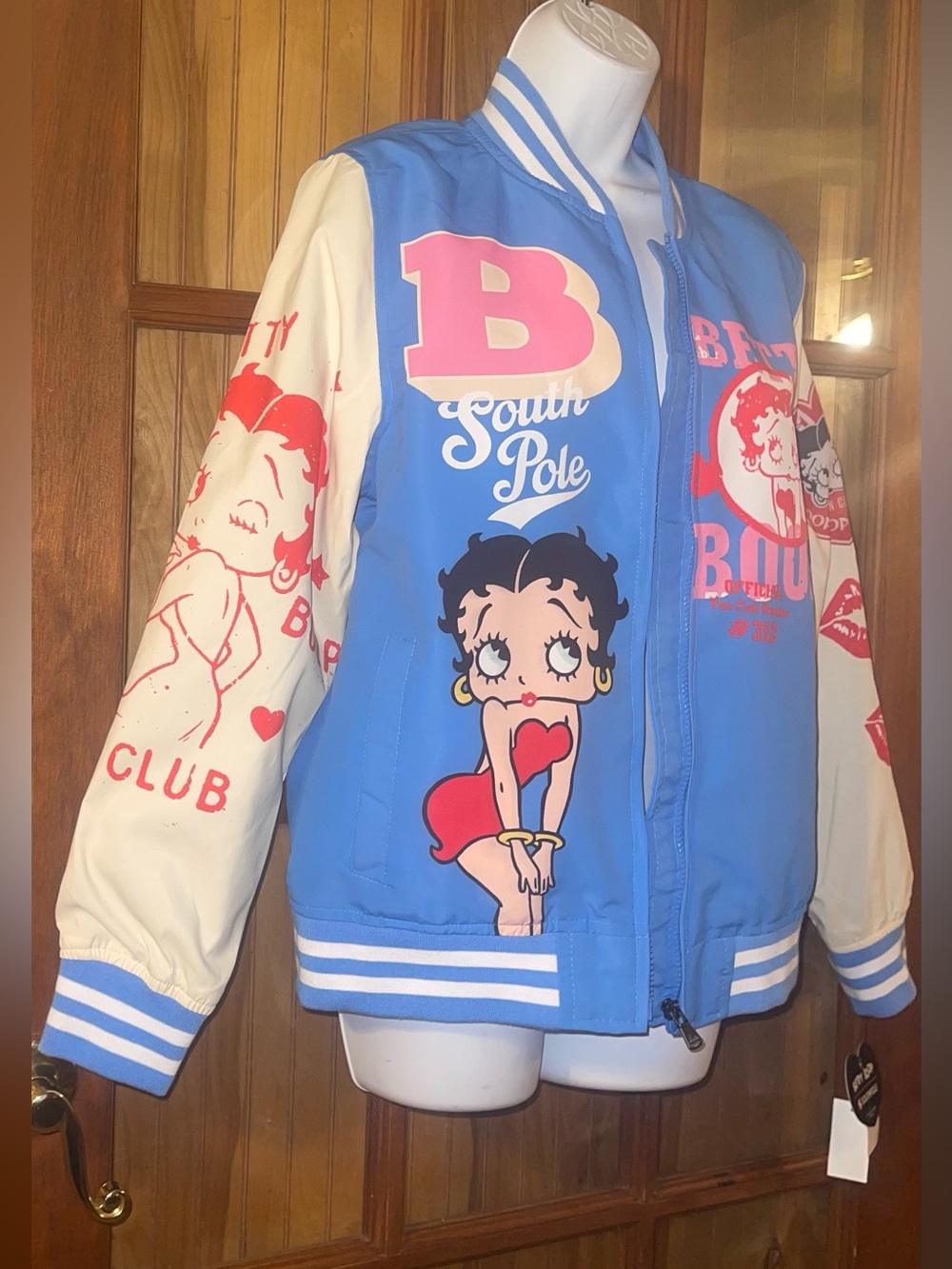 Betty Boop Blue & Cream Graphic Baseball Jacket with Pink Accents - Picture 3 of 4